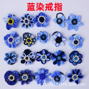 Yunnan ethnic style blue dyed tie-dyed fabric ring size adjustable factory wholesale