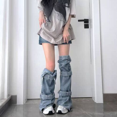 Denim leg covers hot girl subculture niche design stockings y2k personalized straps versatile pile socks trendy