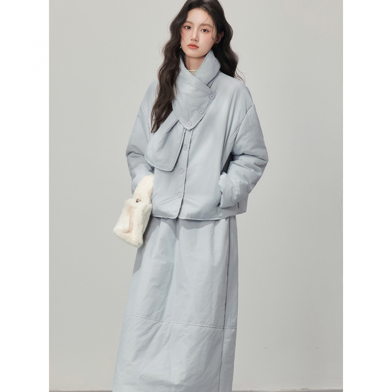 法式文艺气质蓝色棉服套装女冬围脖夹棉外套半身裙两件套2025新款