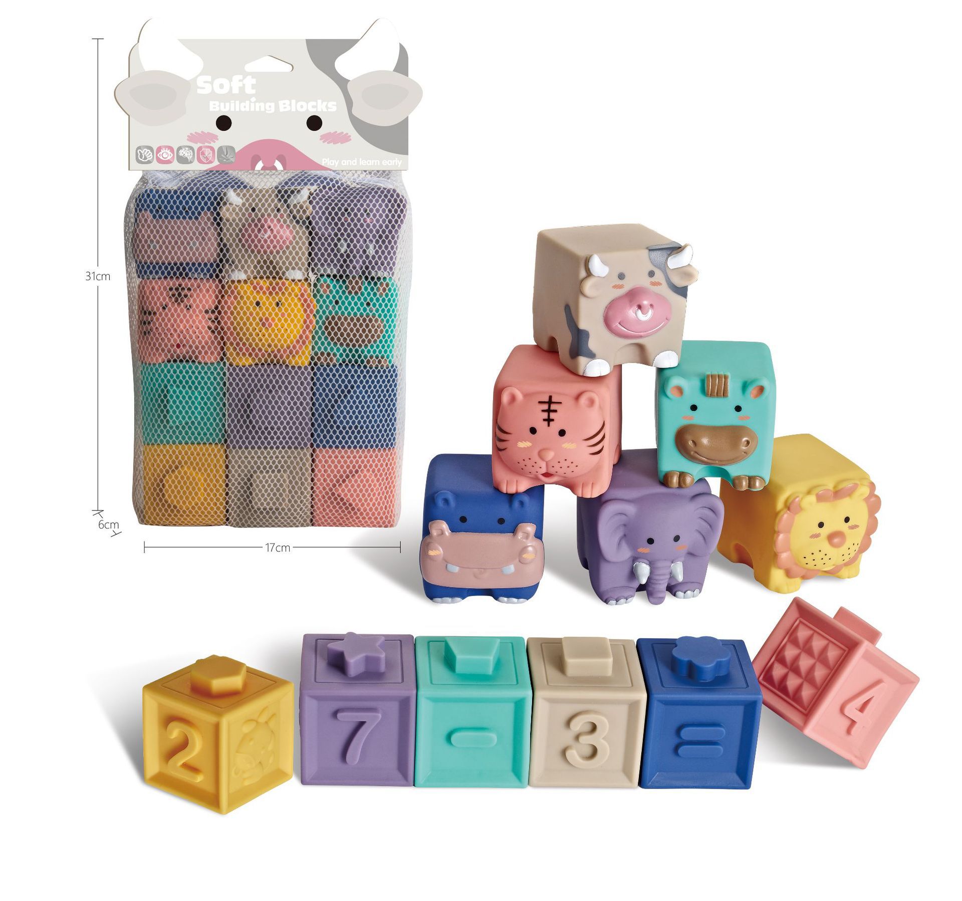 Transfronterizo de exportación de goma blanda bloques de construcción juguetes Infantil Educación Temprana animal color digital cognición montaje de bloques de construcción pellizco música