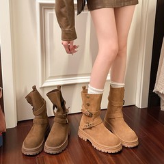 马丁靴女磨砂翻领两穿皮带扣百搭西部牛仔靴机车靴大黄靴厚底女鞋