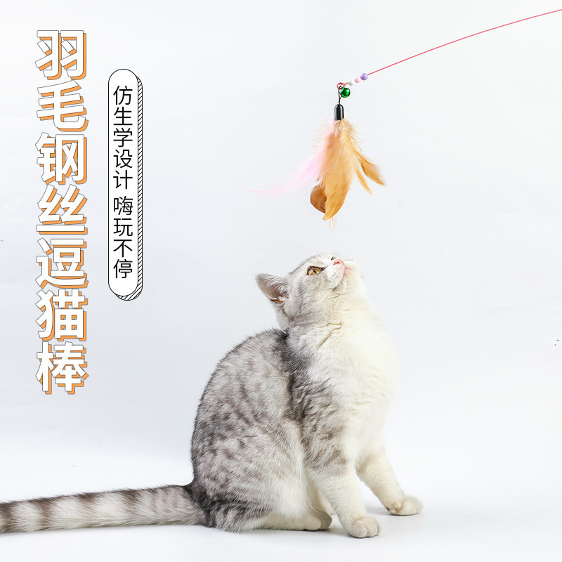猫咪玩具逗猫棒钢丝羽毛珍珠铃铛加长耐咬钓猫互动 90cm 1根