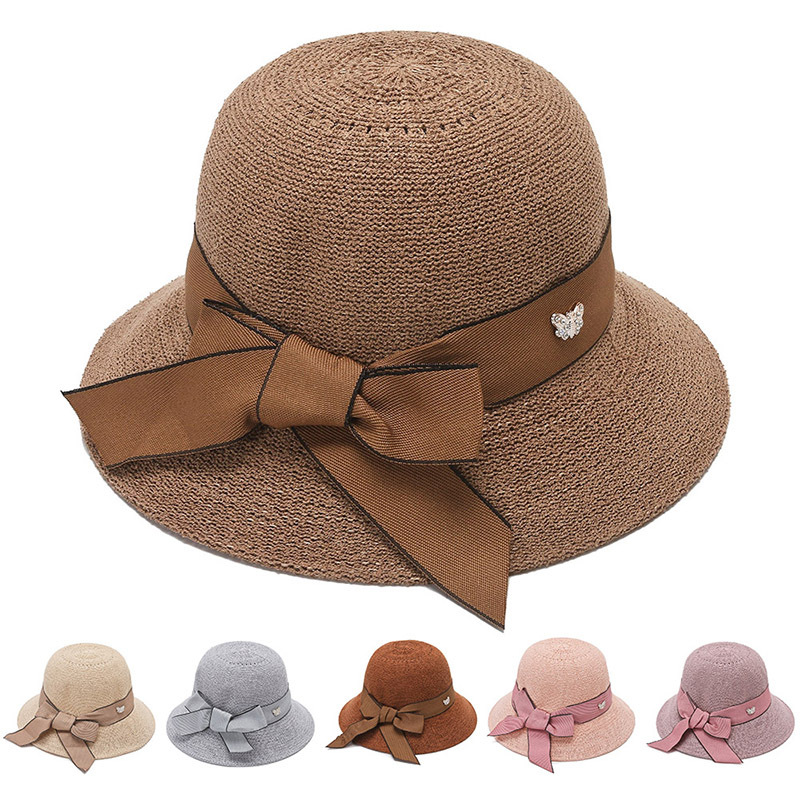 Hat female shading sunscreen summer sun beach hat seaside big hat bow bow round top woven straw hat wholesale