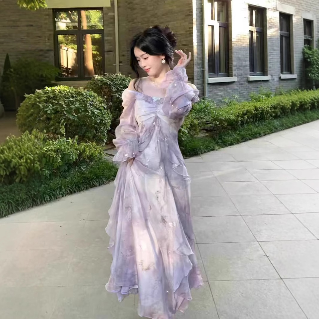 Cross-border temperament fairy purple dizzy fairy butterfly bronzing ruffled long sleeve dress Amazon a generation of hair