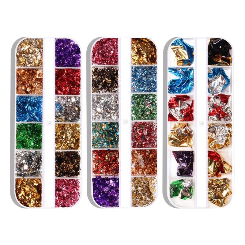 Joyería de hoja de color de uñas de Venta caliente transfronteriza 12 caja de tira de rejilla uñas papel de estaño roto hoja de oro de doble cara hoja de plata joyería