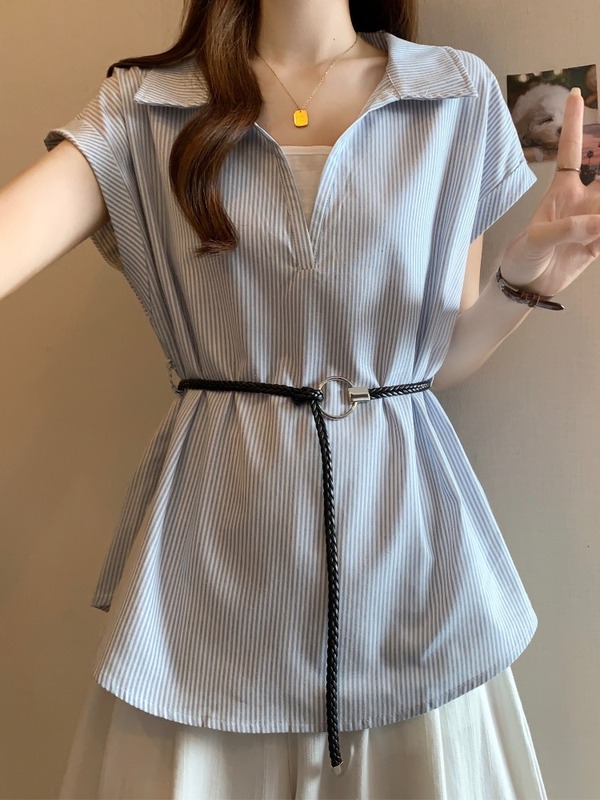 大码女夏季蓝色条纹假两件短袖衬衫胖mm显瘦遮肚收腰法式漂亮上衣|undefined
