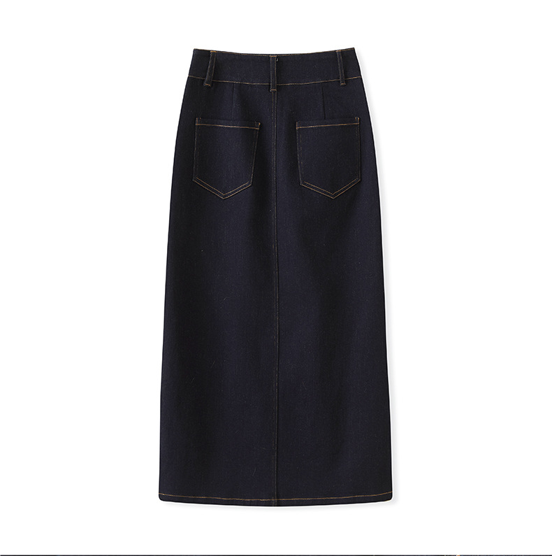Chân váy denim cạp cao phong cách Hồng Kông cổ điển, dáng ôm xẻ tà dài giữa — Màu xanh đậm chi tiết 11