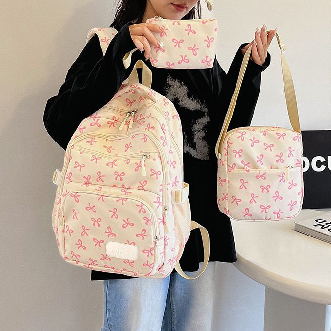 Casual Trendy Backpack Cross-Border New Large-Capacity Three-Piece Set Middle School Student School Bag Korean Style Bow Backpack