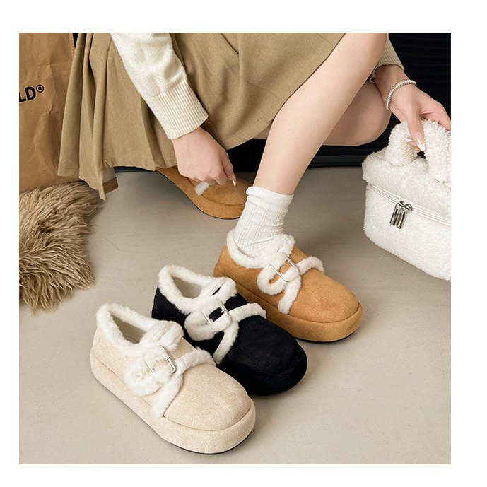Увеличение толстой подошвы хлопчатобумажная обувь женская 2024 новая зимняя бархатная теплая повседневная ретро пушистая обувь снежные сапоги