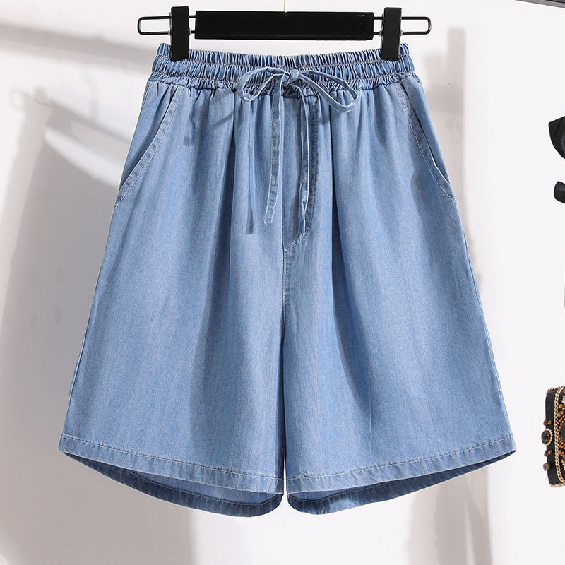Tencel Denim Shorts Women's Summer New Thin Ice Silk Casual Loose Wide-Leg High-Waisted A-Line Hot Pants Large Size