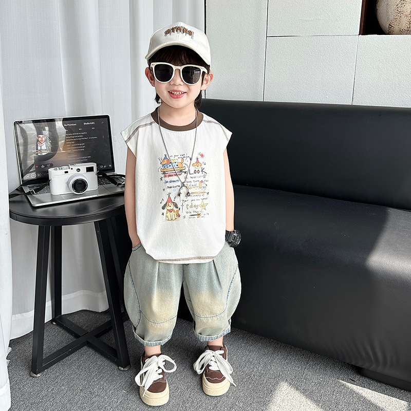 7396 traje de chaleco para niños verano 2025 nuevo vestido de verano sin mangas para niños fresco y guapo bebé delgado de dos piezas de verano