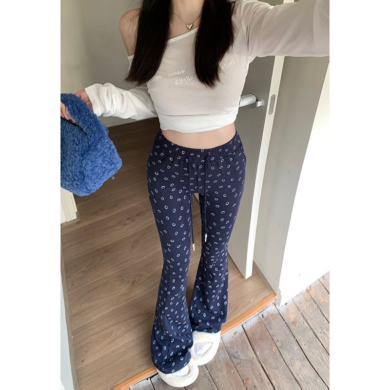 Printed Smiley Face Flared Pants for Women 2026 Spring New High-Waisted Elastic Slim-Fit Design Drawstring Casual Pants Printed Smiley Face Flared Pants for Women 2026 Spring New High-Waisted Elastic Slim-Fit Design Drawstring Casual Pants