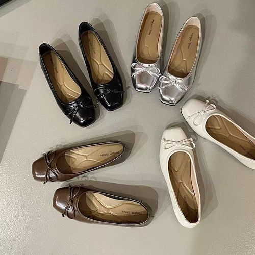 2025 Spring French Retro Bow Strap Low-top Versatile Women's New Flat Square Head Chickpea Shoes