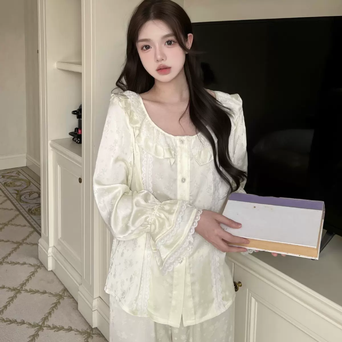 【半熟少女】春夏季新款轻奢公主风薄款冰丝女睡衣家居服蕾丝套装