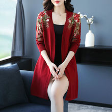 妈妈装春秋季刺绣针织开衫中年女装大码婚宴礼服红色毛衣外套