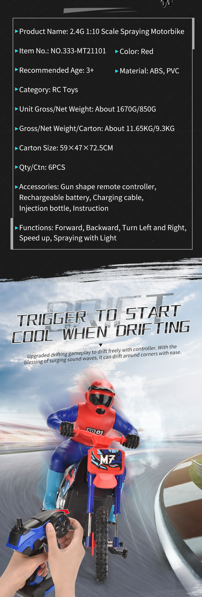 2.4G Motorcycle Stunt Spray Light Rechargeable Boys Remote Control Car Model Children's Toy_voghion.com