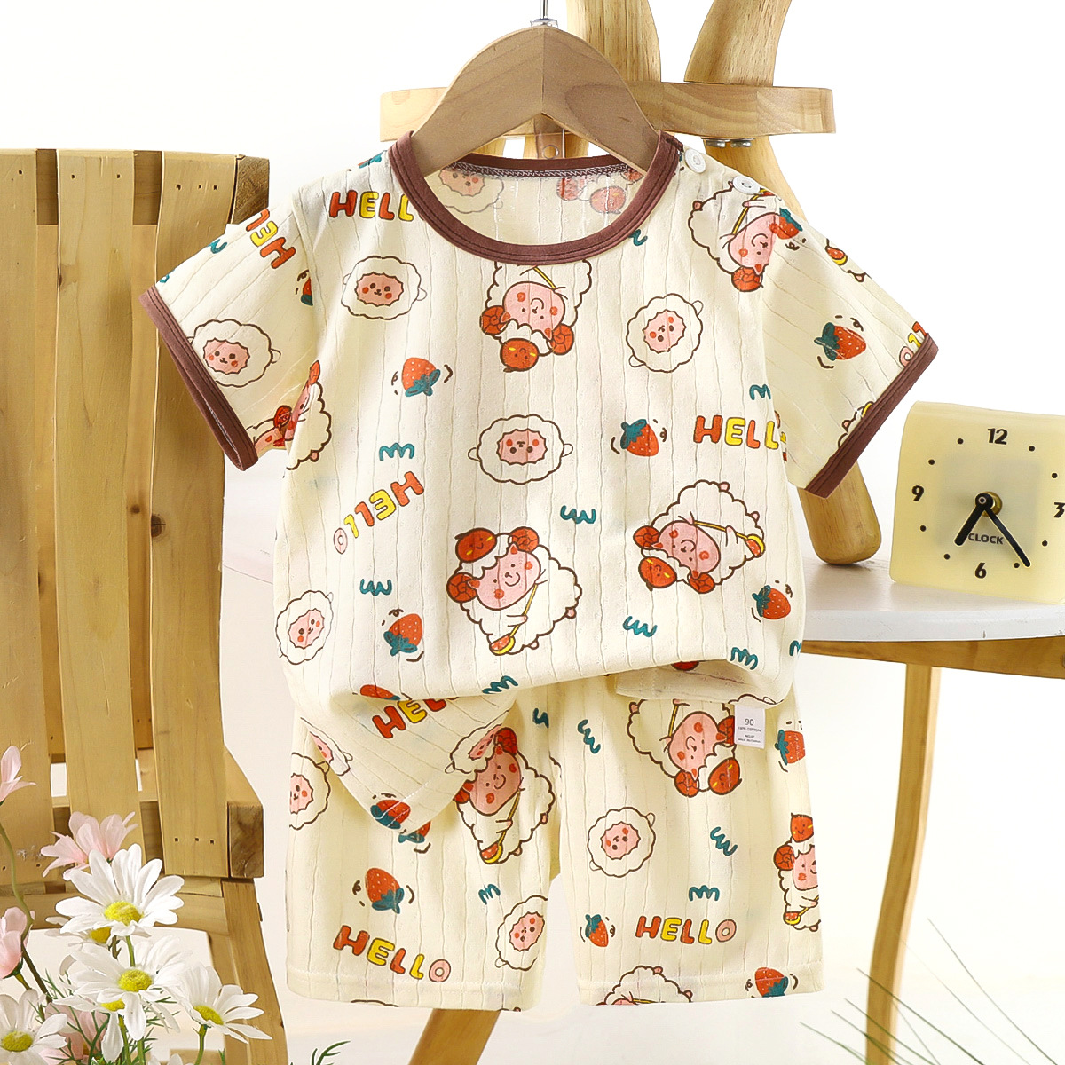 Nuevo traje de bebé de verano de dos piezas de manga corta de algodón para niños, pantalones cortos para bebés, ropa de casa delgada de dibujos animados