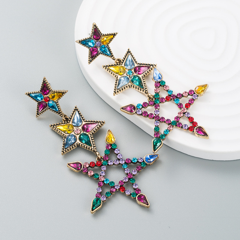 European and American fashion alloy color rhinestone earrings pentagonal star earringspicture5