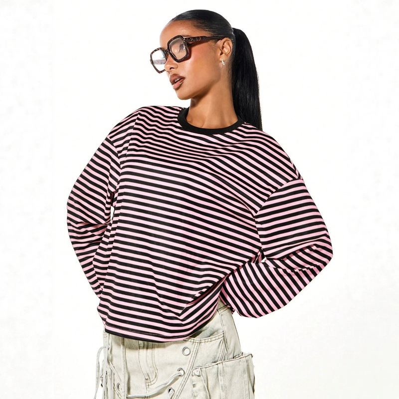 European and American cross-border best-selling color-block striped long-sleeve T-shirt for women, round neck, dropped shoulder, loose fit, short style, casual basic top European and American cross-border best-selling color-block striped long-sleeve T-shirt for women, round neck, dropped shoulder, loose fit, short style, casual basic top
