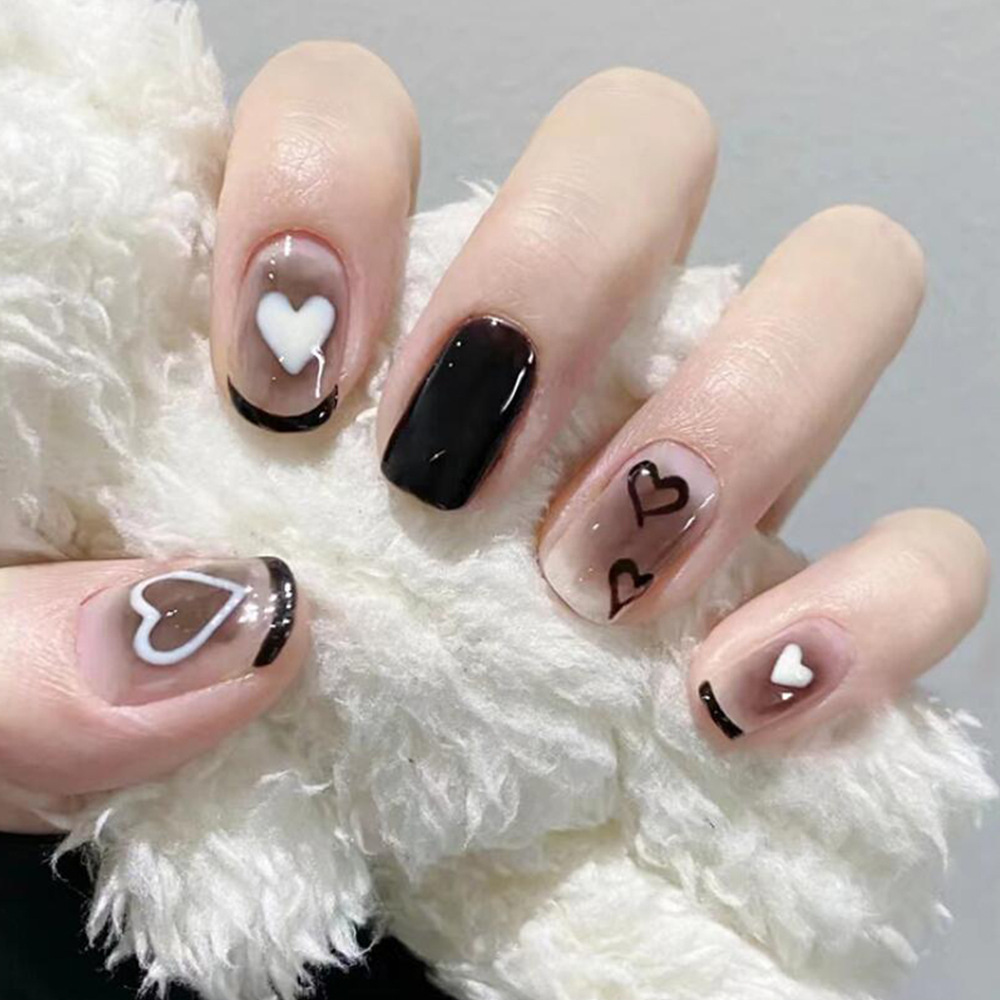 Puramente deseoso negro marrón gradiente desgaste de uñas pintadas a mano de amor francés bordes negros 24 uñas falsas polvo desnudo a través del hielo