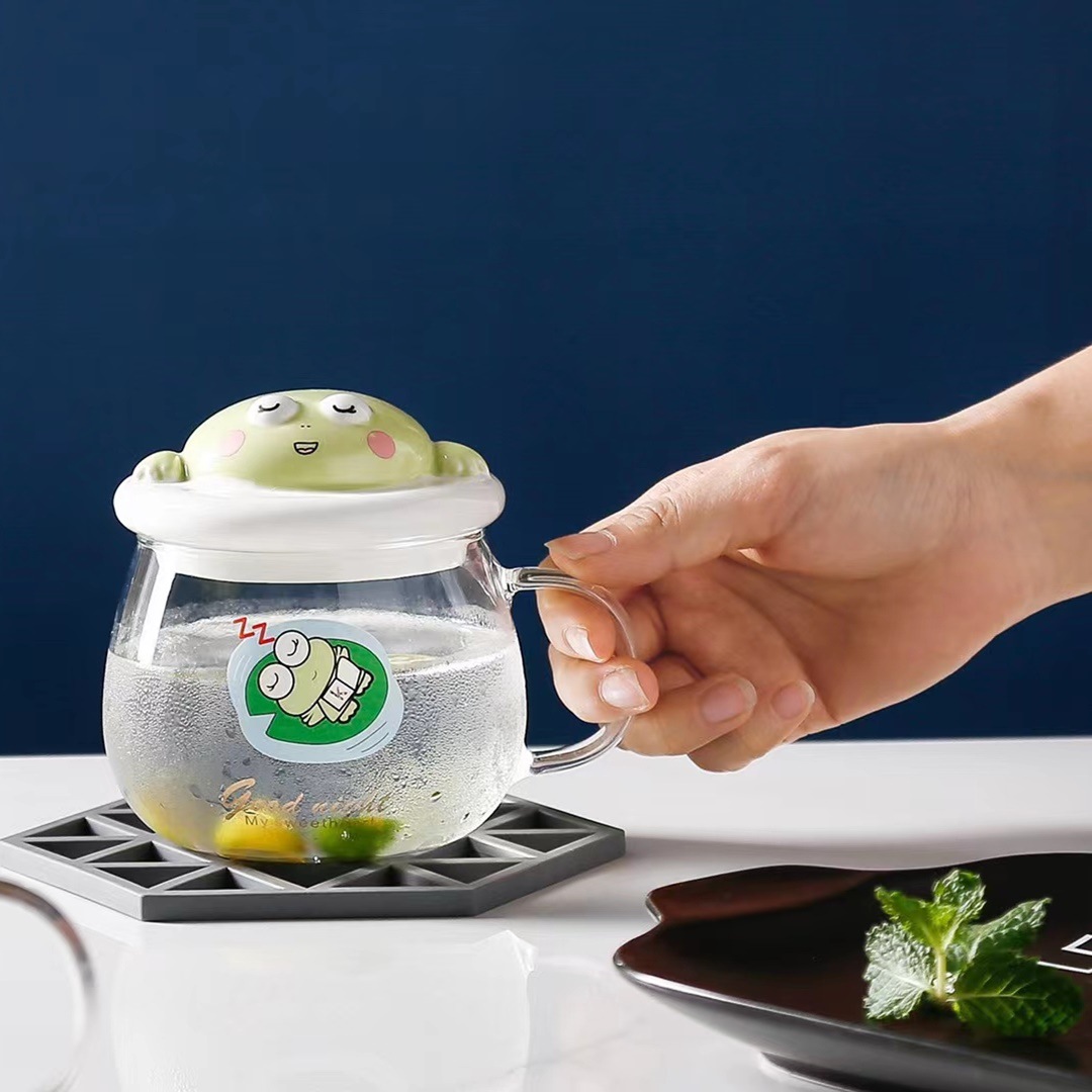 Corea personalidad creativa Linda historieta 3D forma taza Rana de cristal transparente con tapa cuchara agua