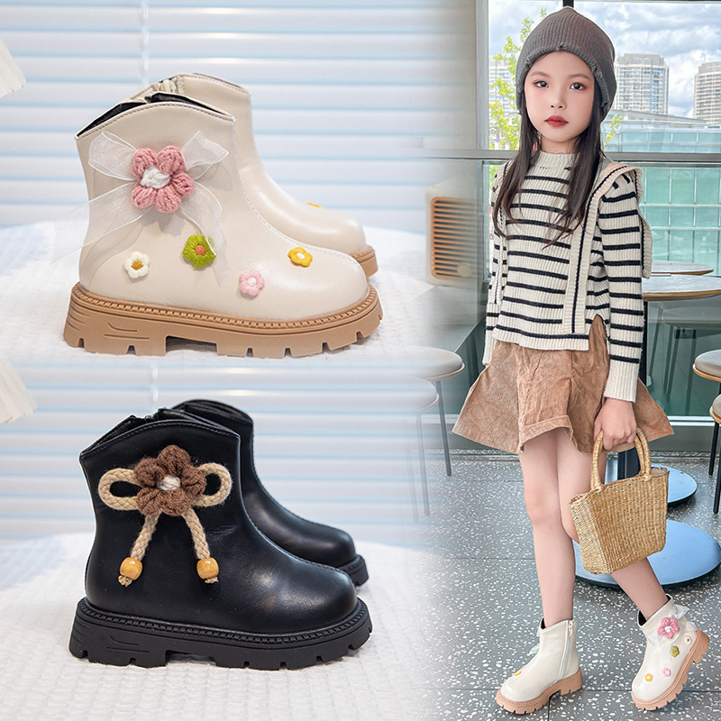 Beige Princess Short Boots Girls Leather Boots Kidsren's Boots Soft Sole Non-Slip Single Boots Little Girl 2025 New Two Cotton
