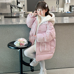 2025 女の子の綿の服冬の新しい厚い西洋スタイルの子供の綿の服冬服ミッドレングス偽ツーピースジャケット