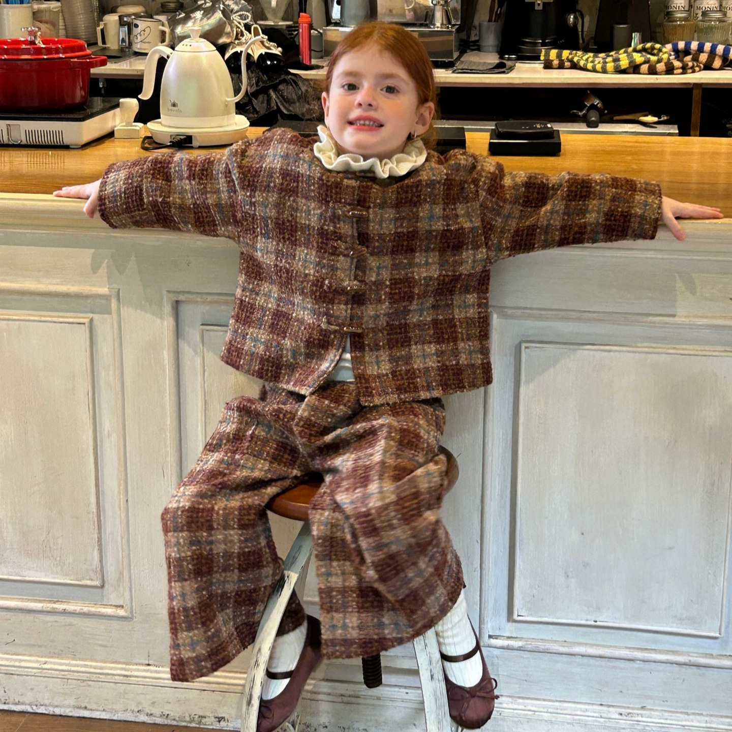 2025秋季新款女童时尚百搭粗毛呢圈圈小香风外套+长裤两件套套装