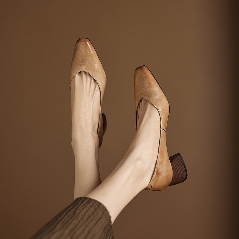 2025 New Autum Thick Heel High Heel Square Toe Pumps Cowhide Slip-On Fashion Women's Shoes