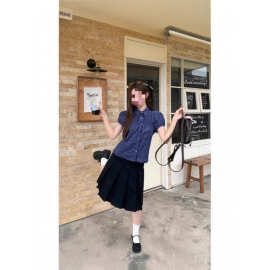 H5N蓝色休闲格子短袖衬衫女夏季新款收腰翻领小个子韩系衬衣修身