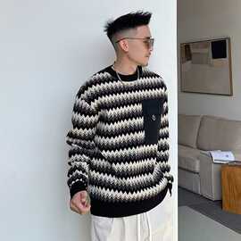 2025高街拼色条纹毛衣男秋冬套头针织衫潮牌口袋复古宽松长袖上衣