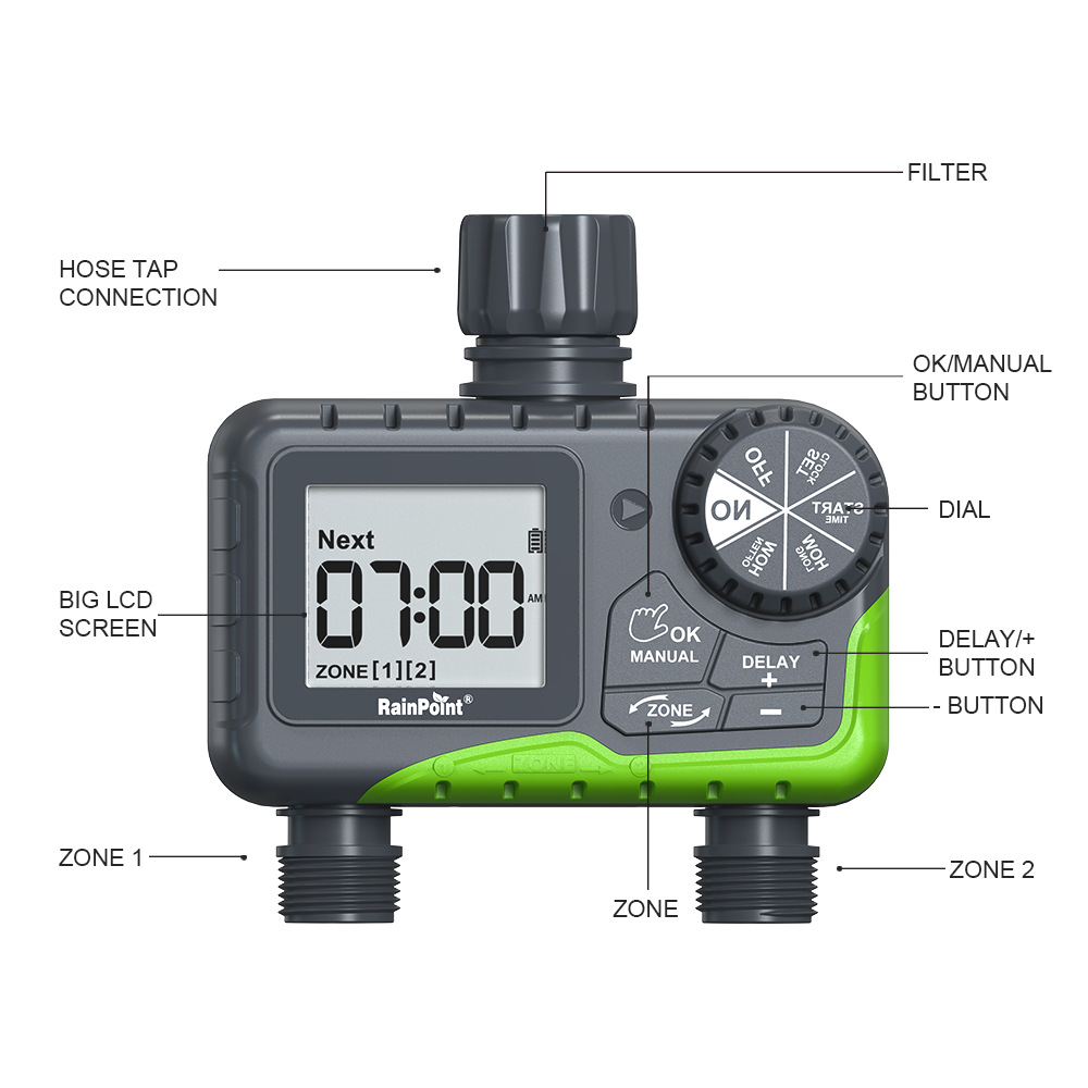 Rainpoint de doble canal de riego inteligente controlador de temporización Dispositivo de riego automático Patio de césped (Ouke)