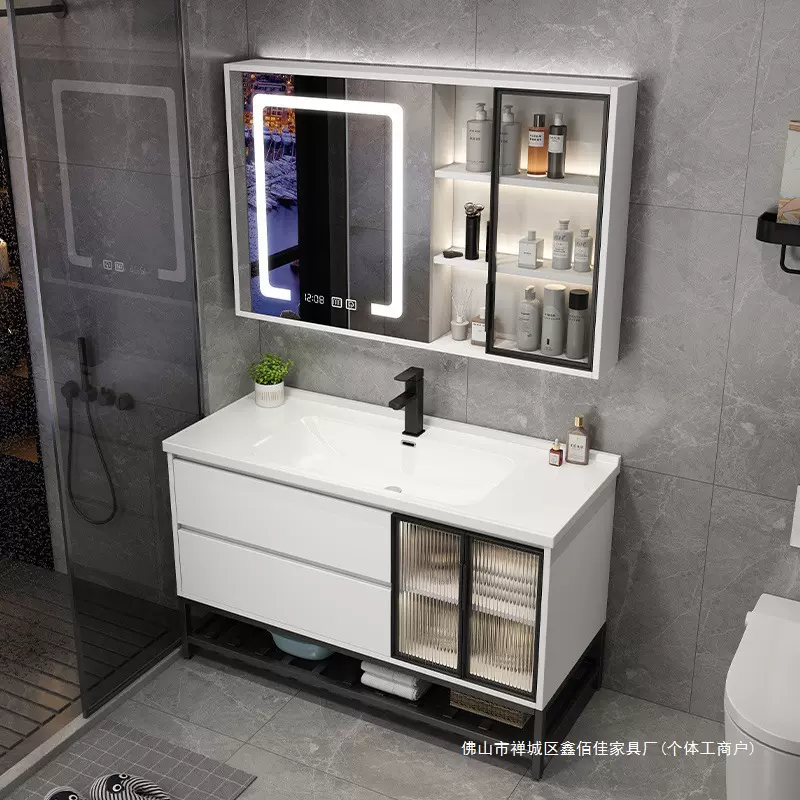 现代简约轻奢智能浴室柜组合卫生间陶瓷一体盆洗漱台洗手盆镜柜