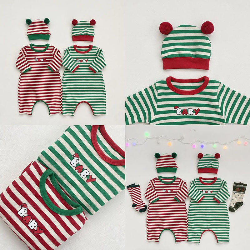 Nuevo Otoño e Invierno de algodón de manga larga a rayas de manga larga Jersey universal de tres piezas conjunto de Navidad abierto oculto hebilla mameluco