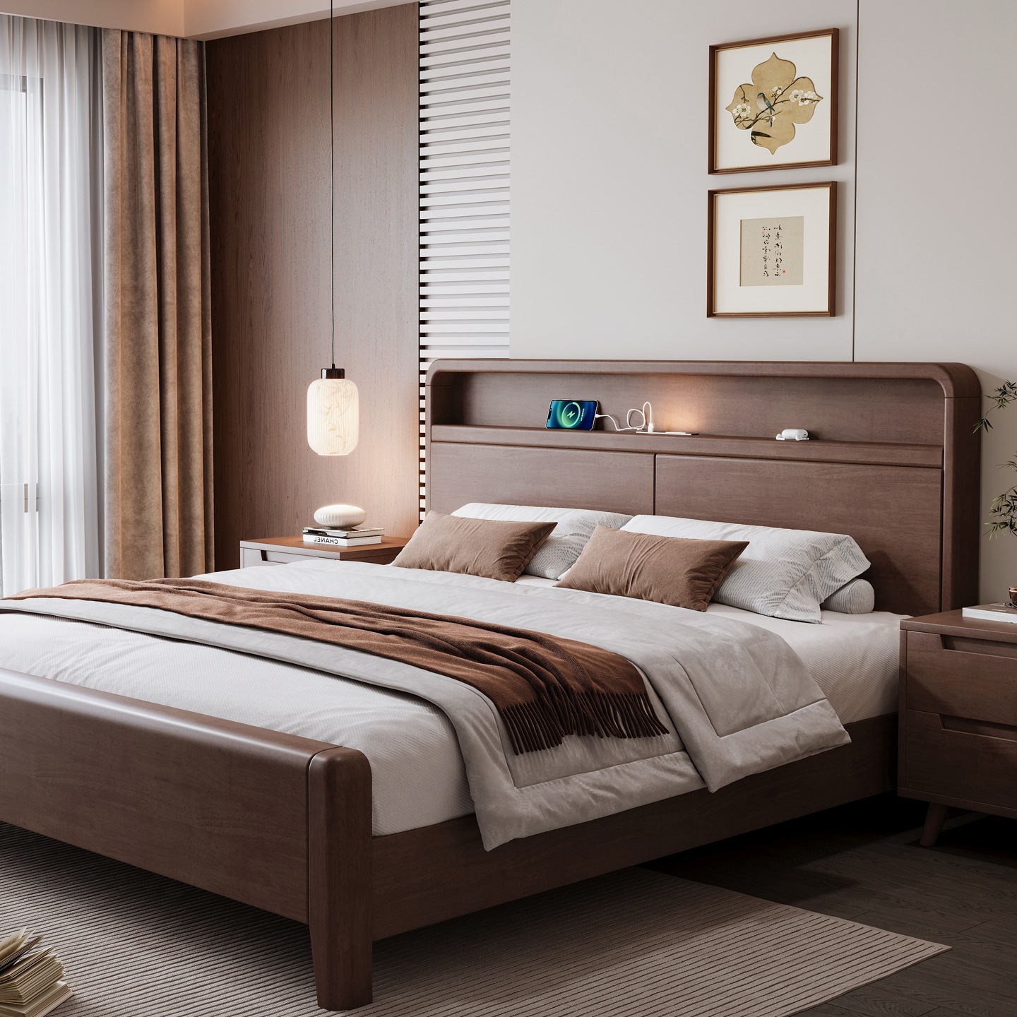 All Solid Wood Mortise and Tenon Bed Frame 1.8m X 2m Wood 1.2m Hard Bed Board 1.35m New Chinese Style Wooden Bed