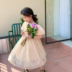 Emoobeibei Girls Korean Floral Tulle Net Dress Summer Children's Personality Bubble Sleeve Pom Pom Princess Dress