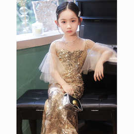 金色女童晚礼服2026新款春季生日晚会主持人晚会演出服亮片鱼尾裙