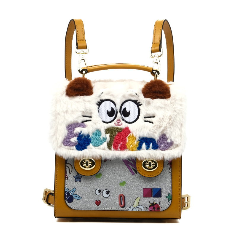 Otoño y invierno de peluche bordado lindo bolso cuadrado damas con tapa de flip color contraste diseño nicho mochila 2756 #