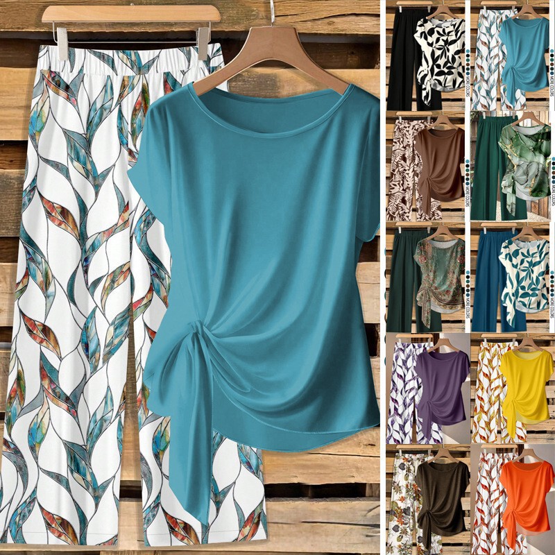 European Size 2026 Summer Women's Round Neck Printed Short-Sleeve Twist Top and Wide-Leg Long Pants Set