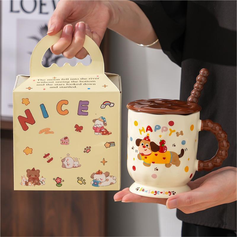かわいいダックスフントセラミックマグ蓋スプーン付き家庭用飲料朝食コーヒーミルクカップ実用的な誕生日プレゼント|undefined