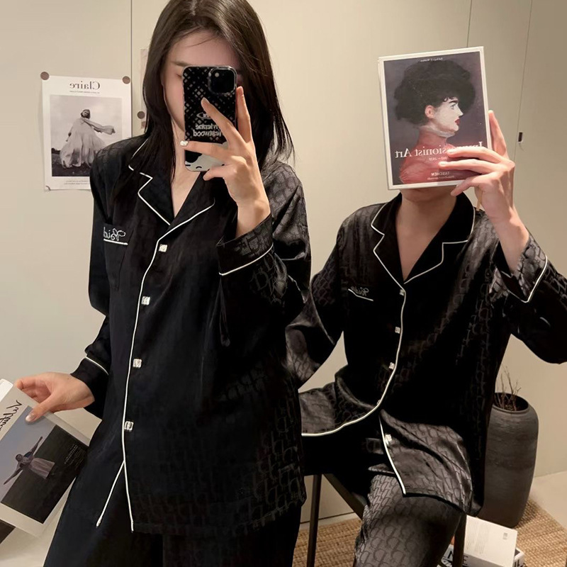 New Ice Silk Pajamas Couple Hot Drilling Come and Go Sewing Jacquard Long Sleeve Trousers Casual Home Clothes suit Can Wear