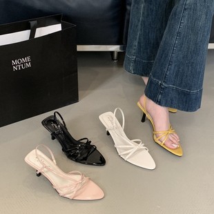 French Style Stiletto Heel Slippers Fairy Shoes 2025 New Summer Fashion Black High Heel Sandals
