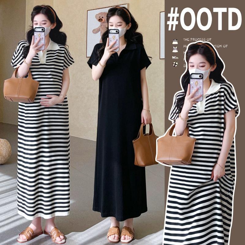 Maternity Knit Dress Summer Lazy Style Turn-Down Collar Striped Dress Women's Short-Sleeve Loose Slimming Casual Long Dress Summer Outfit
