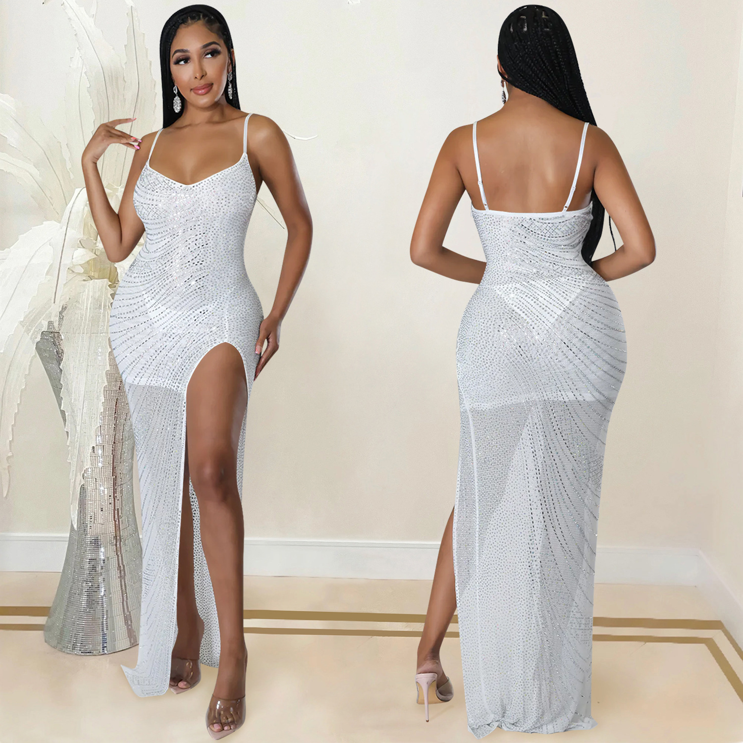 C5915 AliExpress eBay discoteca caliente rhinestone sexy Sling malla transparente irregular split vestido image 5