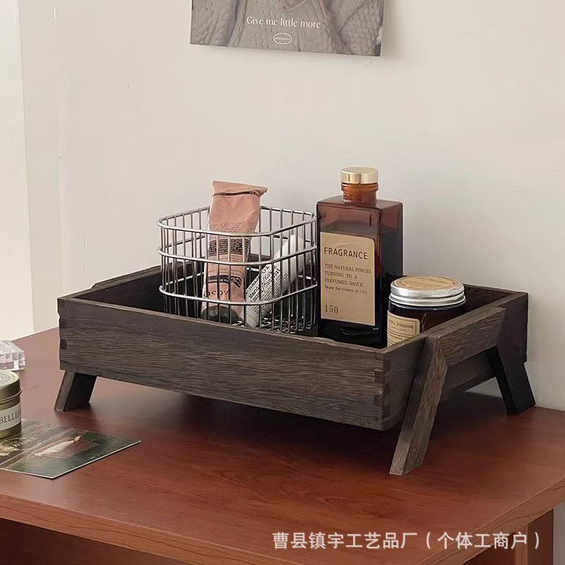 复古木质桌面收纳盒护肤品化妆品收纳木盒桐木多功能玄关整理盒|undefined