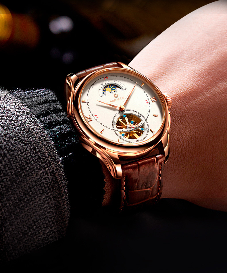 Đồng hồ cơ nam automatic lộ máy tourbillon vỏ hồng trắng dây da cà phê — Vỏ hồng trắng da cà phê chi tiết 2