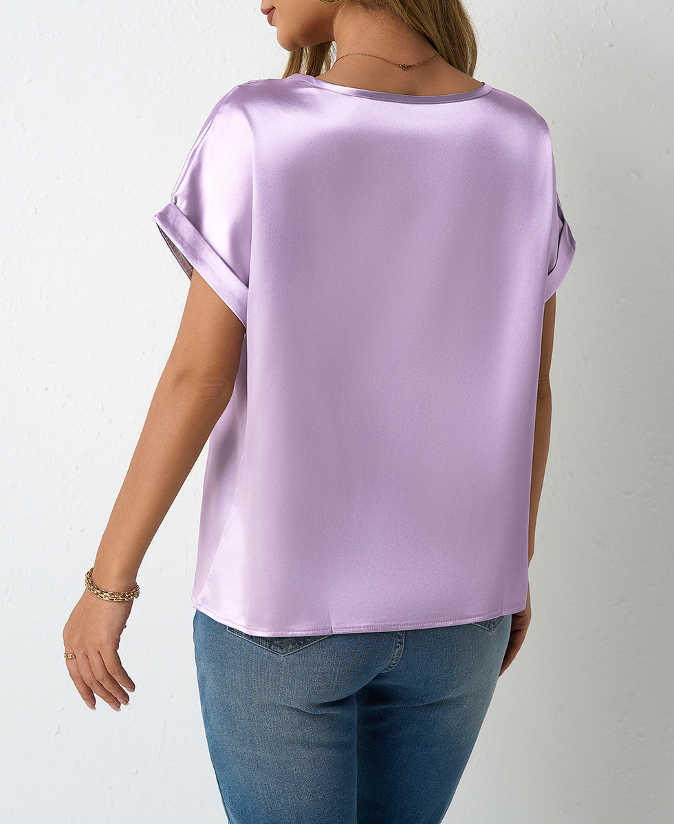 Camicia in raso da donna a maniche corte taglio morbido elegante_voghion.com