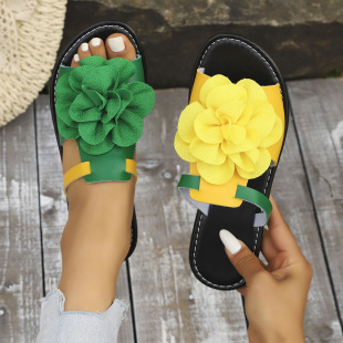 European and American Versatile Sandals 2025 Spring and Summer New Flower Double Decorative One-Line Large Size Flats Beach Sandals