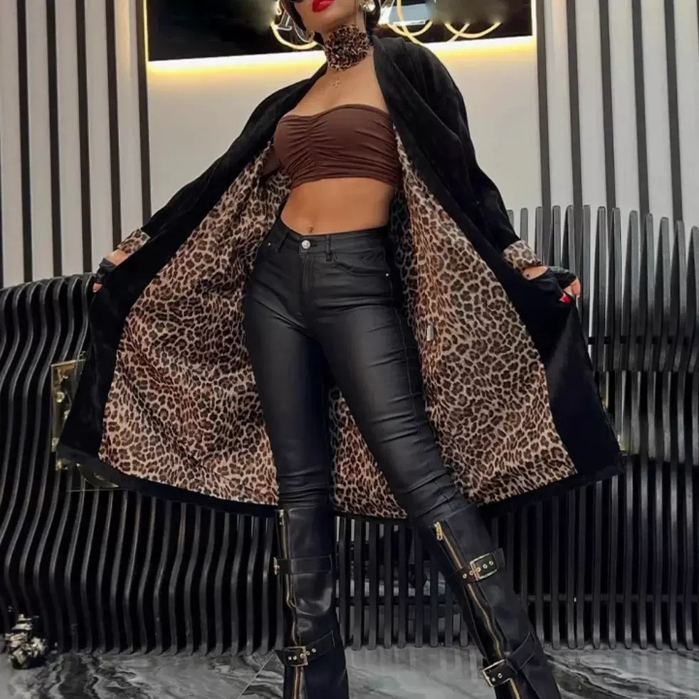 2025亚马逊跨境欧美新款印花时尚百搭火辣豹纹秋冬毛呢风衣外套女