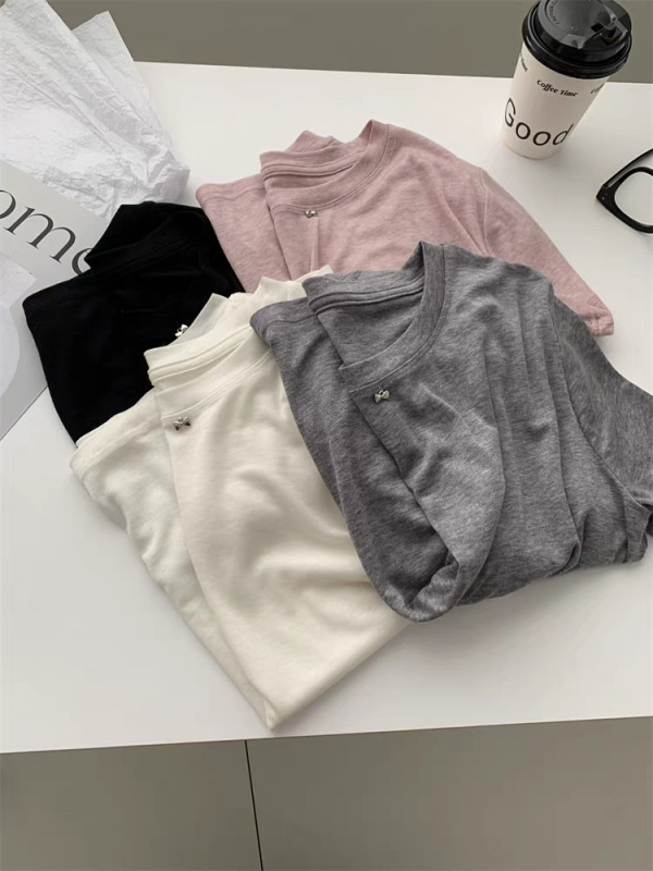 テンセルウールスモールメタルリボン半袖Tシャツ柔らかく快適なラウンドネックTシャツシンプルな半袖レディーストップス|undefined